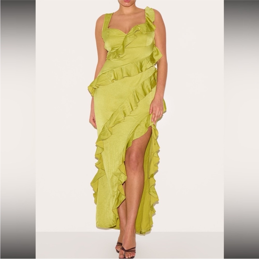 PrettyLittleThing Lime Green Ruffle Midi Dress - Picture 3 of 12